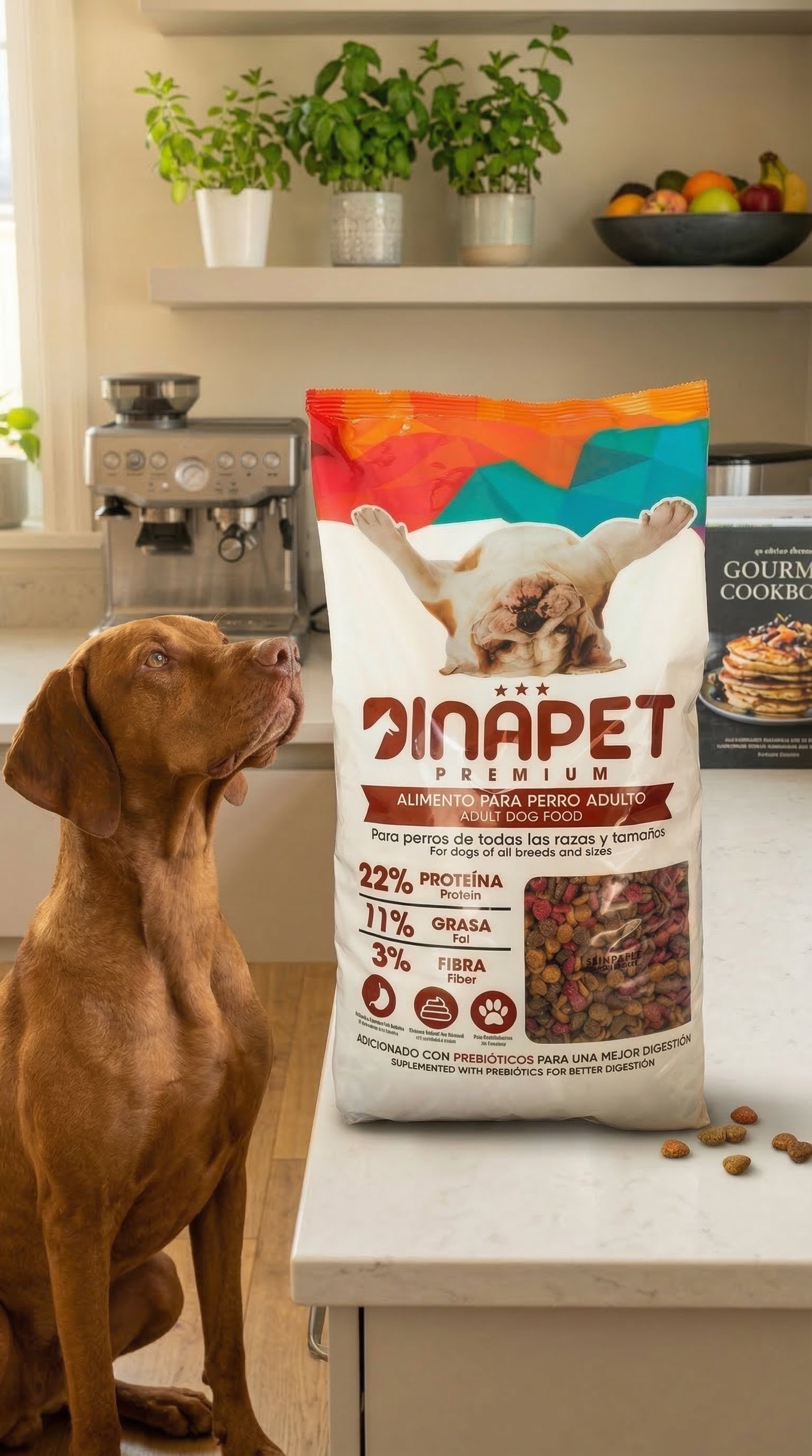 Perro junto a bulto Dinapet Premium en cocina